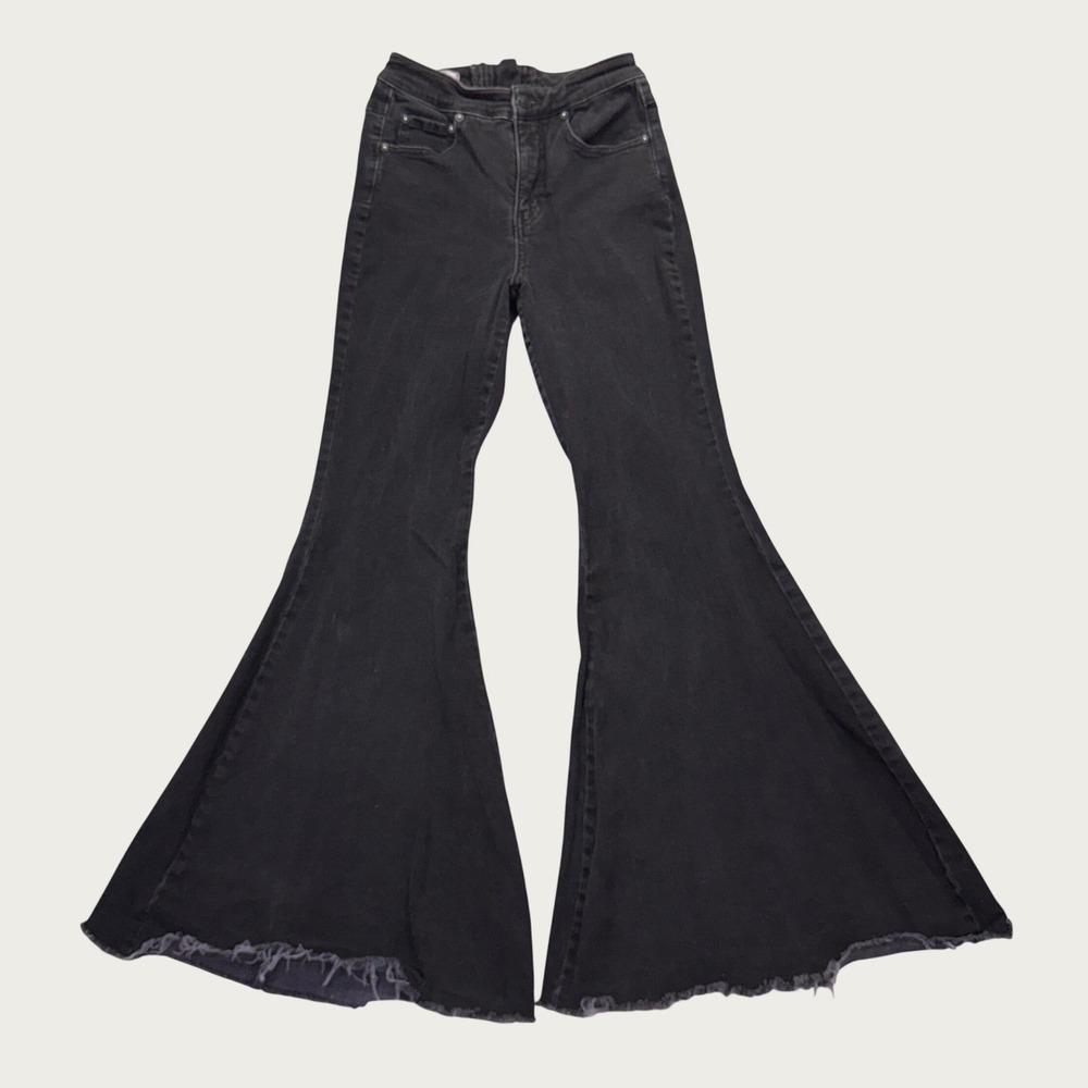 Free People We The Free CRVY Just Float On Flare Jeans 27 BLK Lace Up Back Boho